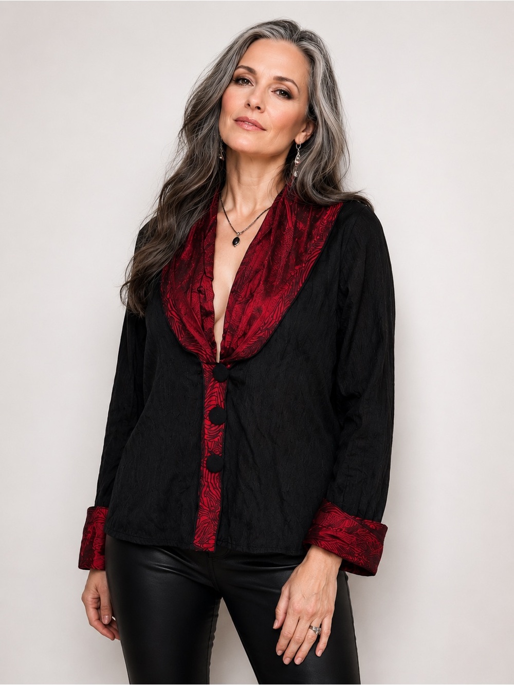 Lee Andersen Black & Red Textured Jacket Blouse | Size Small | Made in USA